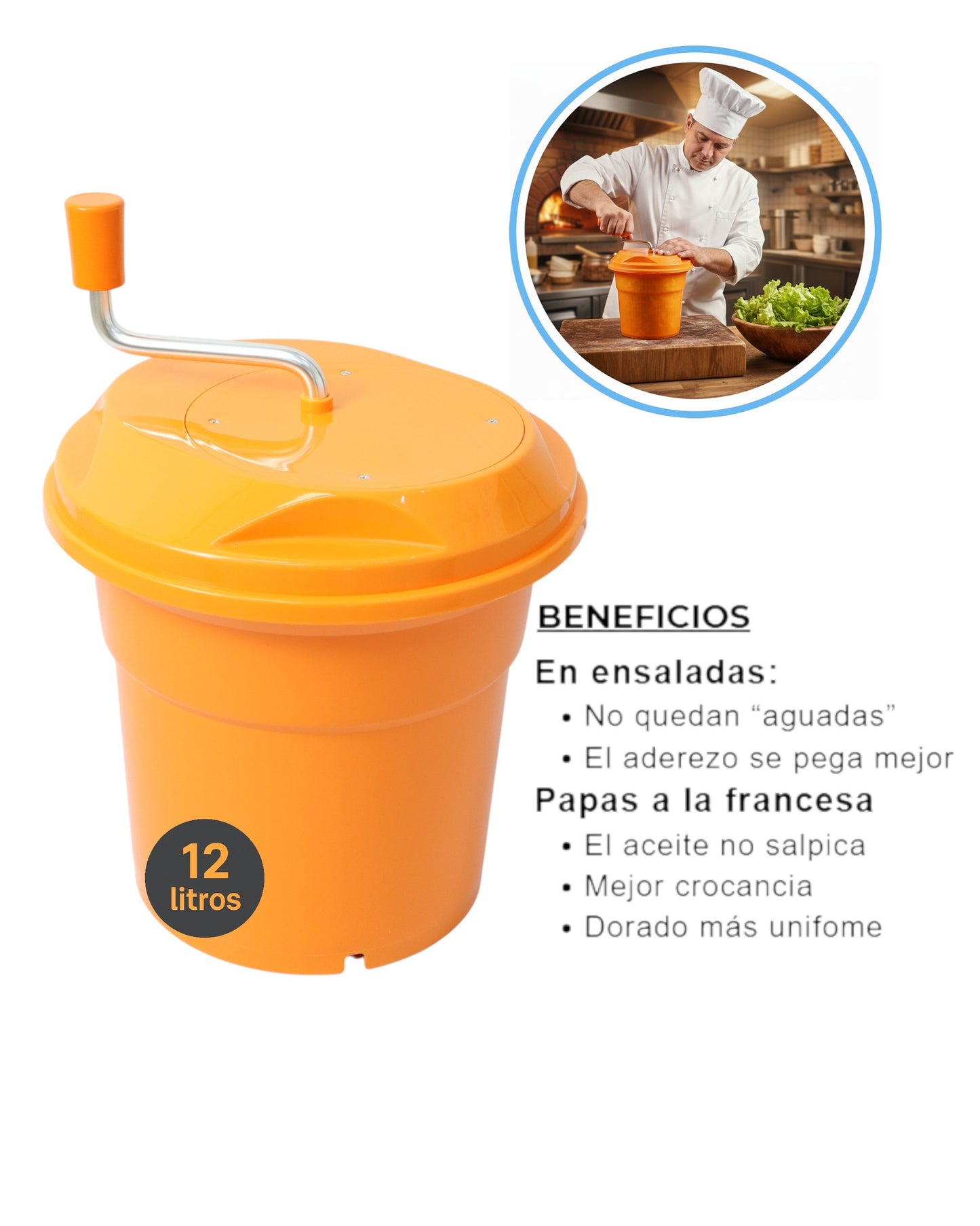 Centrifugador Profesional de 12 Litros para Verduras y Papas – Escurridor Manual para Cocinas y Restaurantes