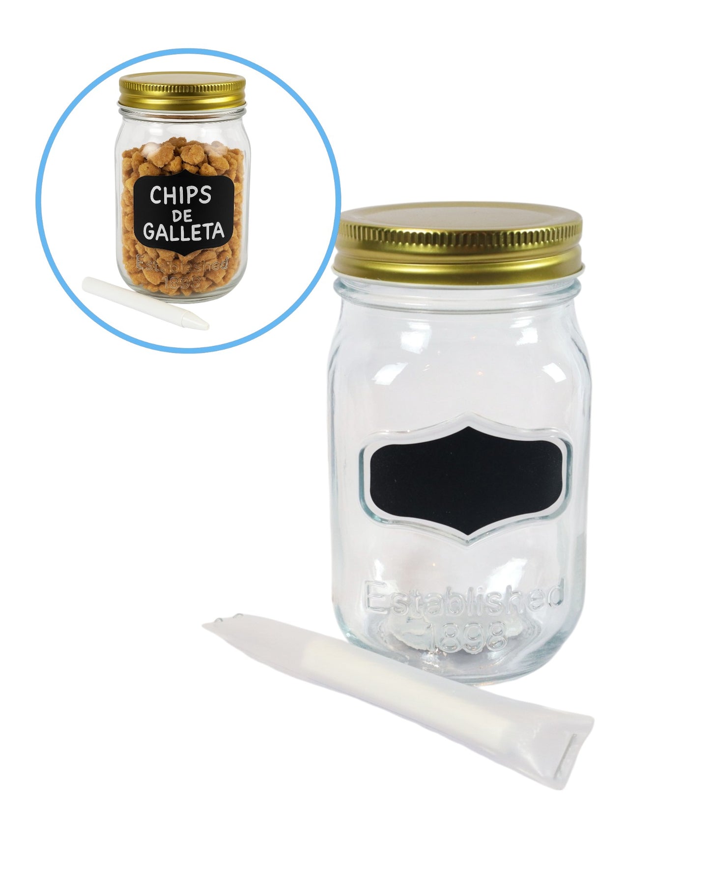 Frasco de Vidrio con Etiqueta de Pizarra y Tiza – 500ml| Heladerías, Cafeterías, Bares