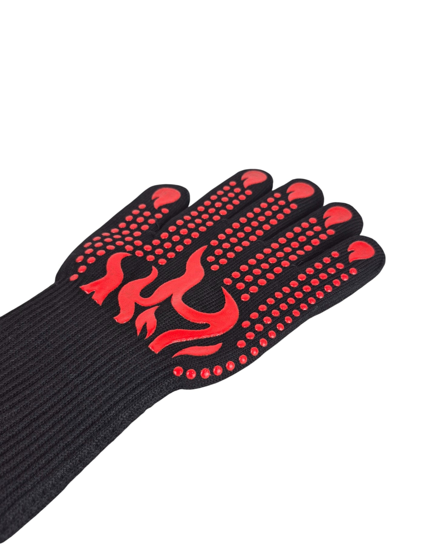 Par de guantes térmicos negros de fibra de aramida con agarre de silicona roja en forma de llamas para cocina industrial