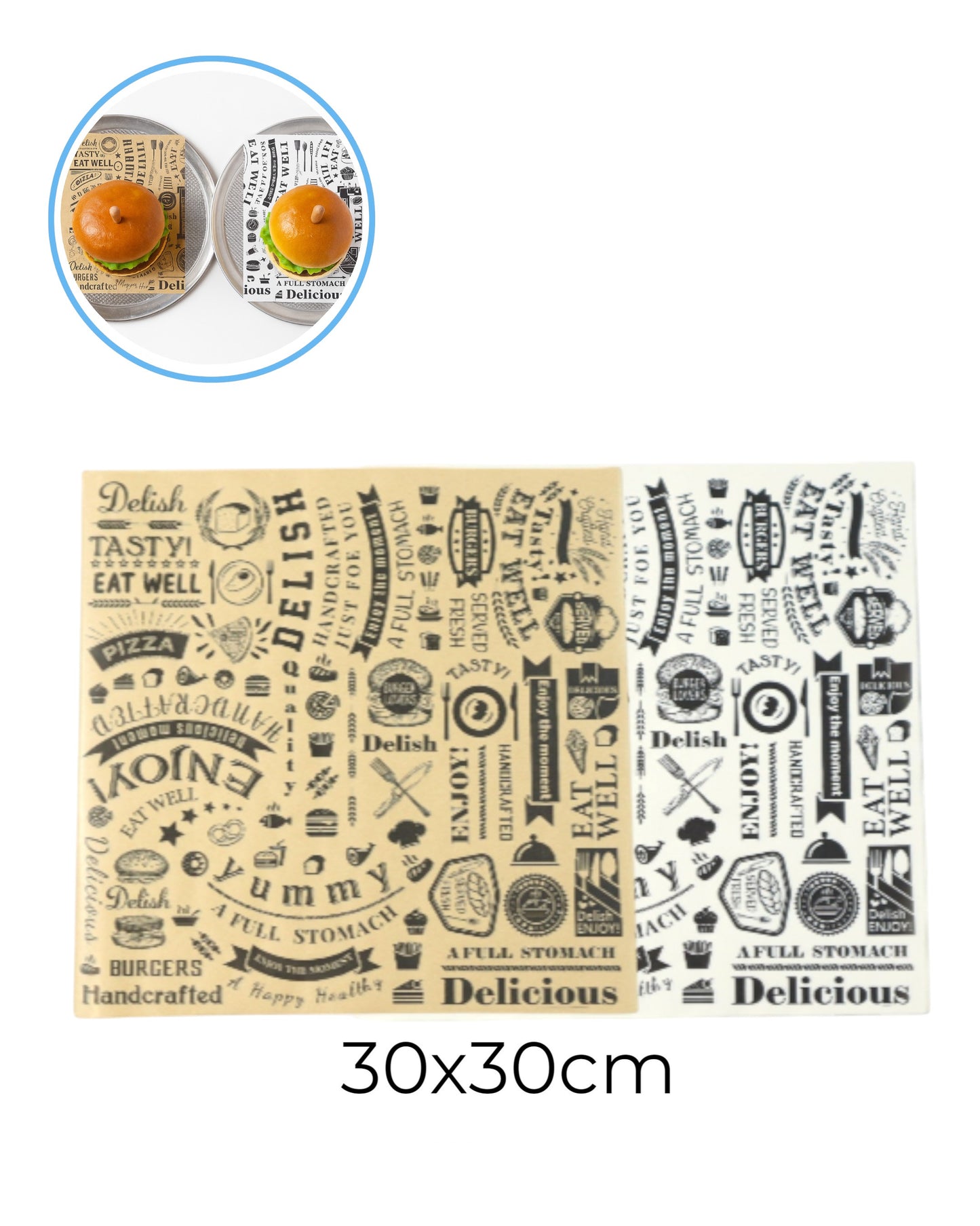 Papel Encerado Vintage Gran Formato 30x30 cm x 250 Hojas | Hamburguesas, Wraps, Papas fritas, etc.,