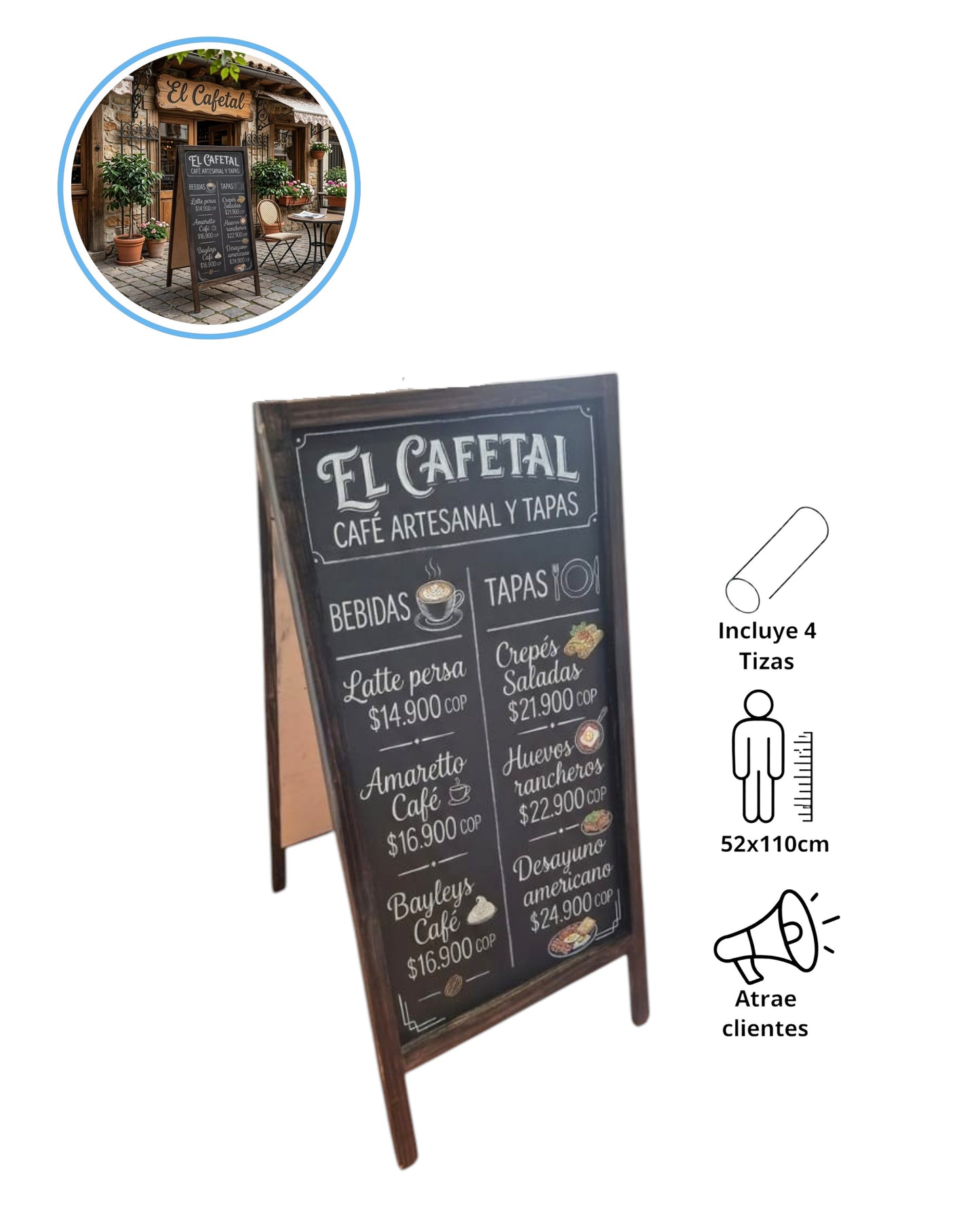 Pizarra Rompetráfico de Madera Tipo Caballete 52x110cm | Restaurantes, Bares y Cafeterías - La Coctelera
