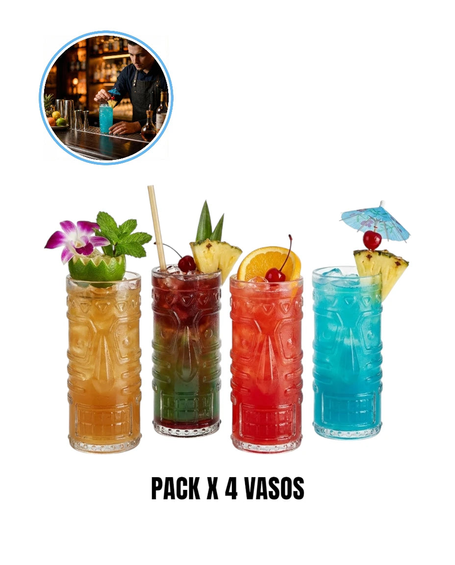Set x 4 Vasos Tiki de Vidrio "Totem" 485ml (16oz) Ideal para Coctelería Tropical y Exótica