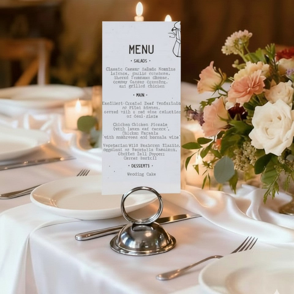 Soporte para número de mesa y porta menú en acero inoxidable para restaurantes y eventos