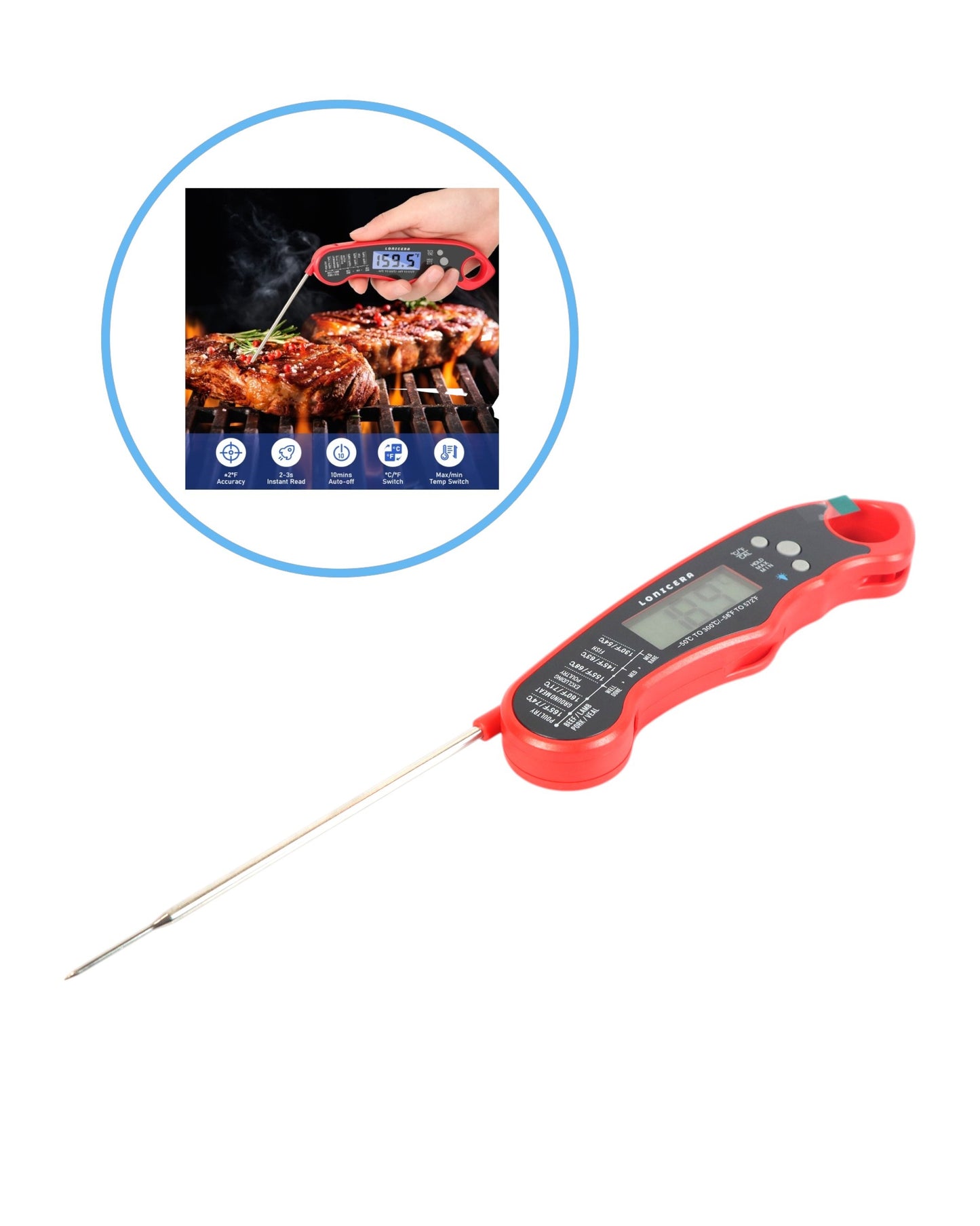 Termómetro Digital Profesional -50 a 300°C| Sonda Plegable para Carne, Parrilla, BBQ, Horno