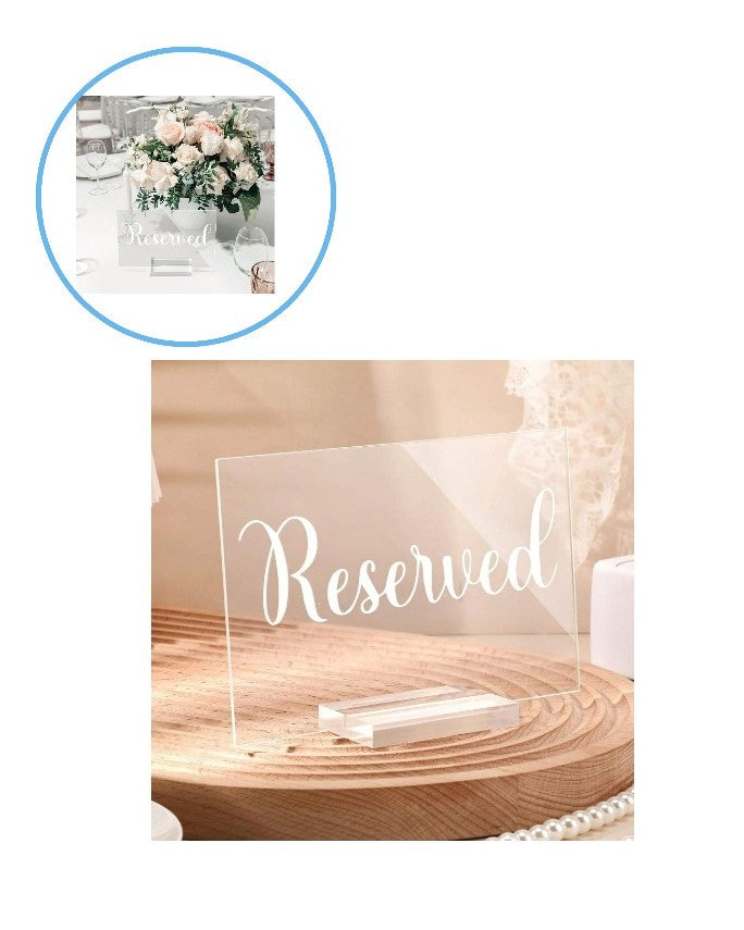 Letrero/Aviso de Mesa “Reservada” en Acrílico Transparente – Señalización Elegante para Restaurantes, Eventos y Bodas