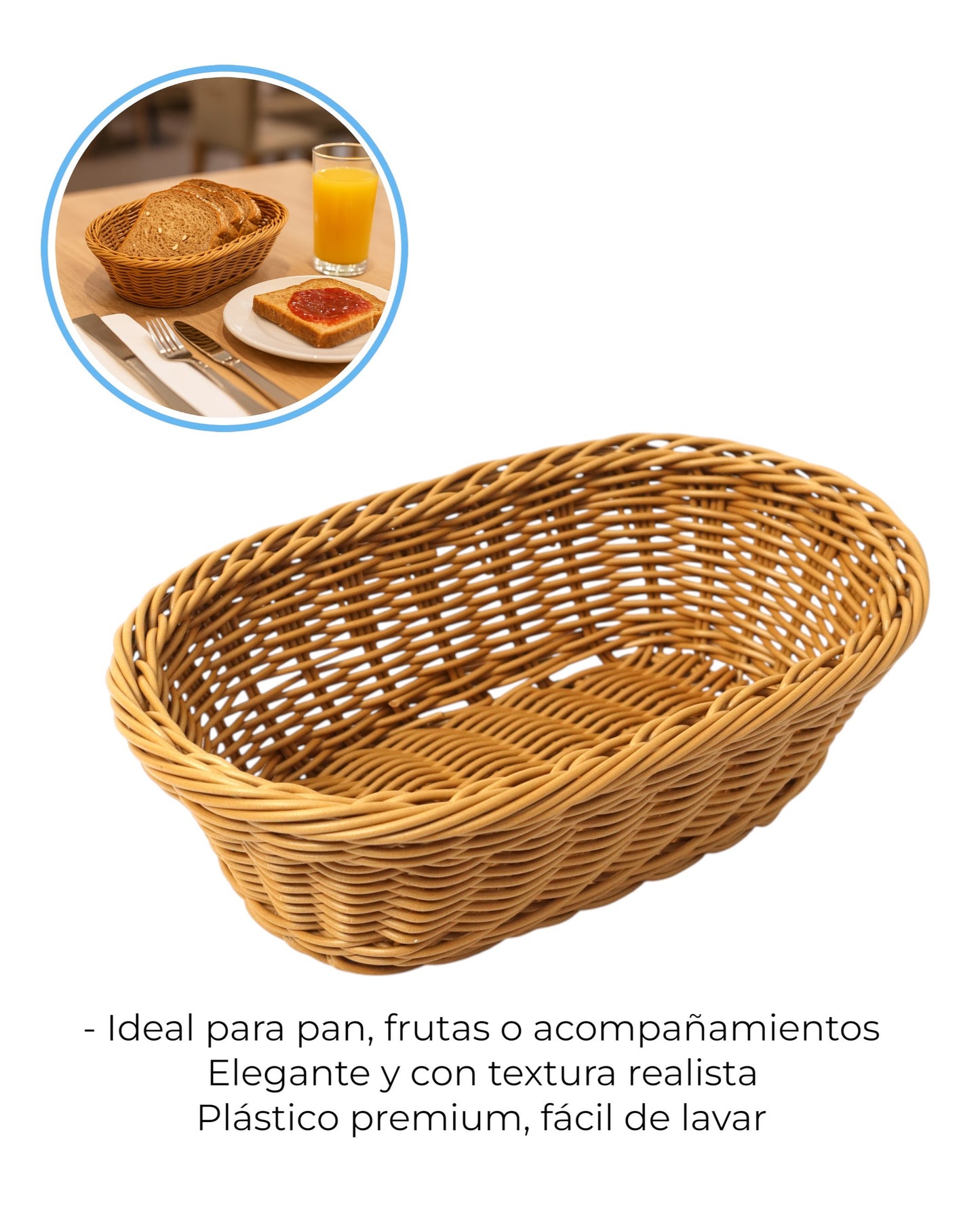 Cesta panera ovalada tipo mimbre de plástico premium lavable, ideal para servicio de mesa en restaurantes.