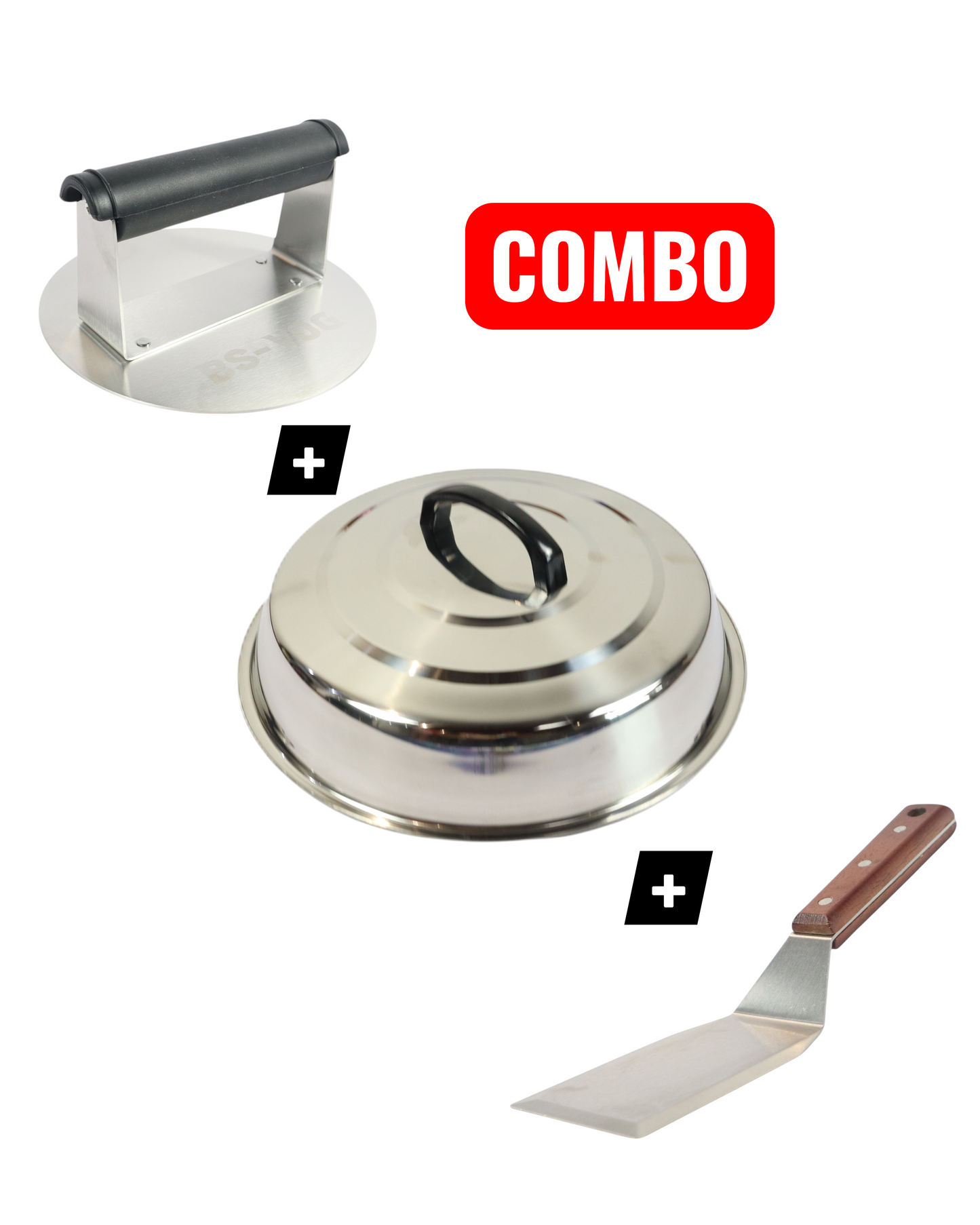 Combo FoodTruck Profesional – Domo para Hamburguesas + Prensa Smash + Espátula Acero Inoxidable
