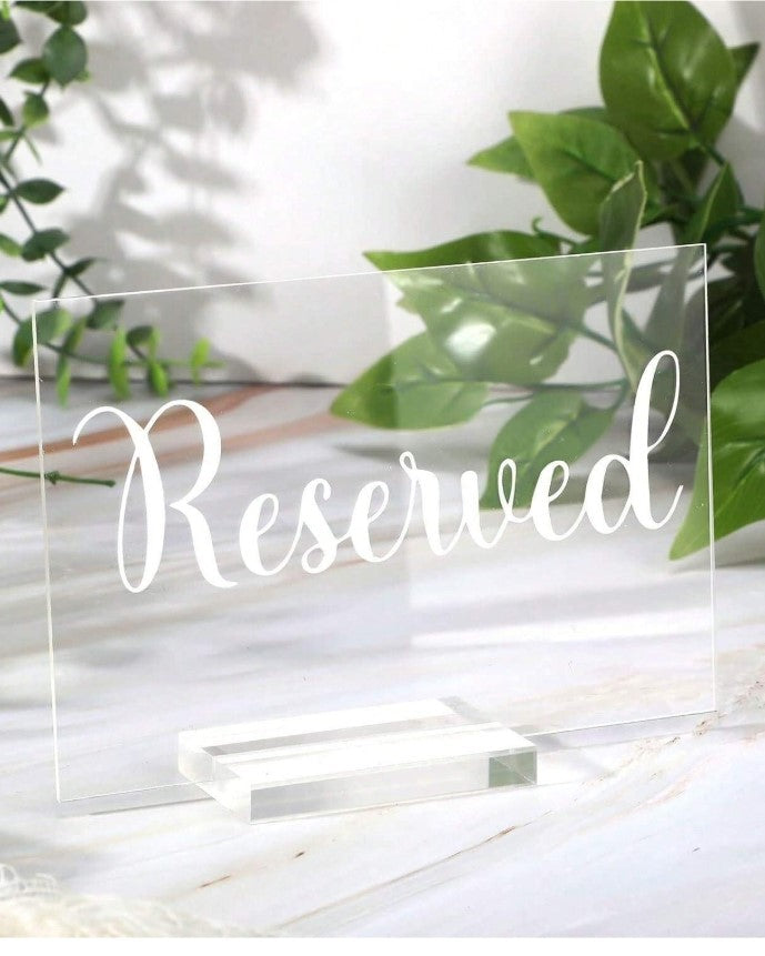 Letrero/Aviso de Mesa “Reservada” en Acrílico Transparente – Señalización Elegante para Restaurantes, Eventos y Bodas