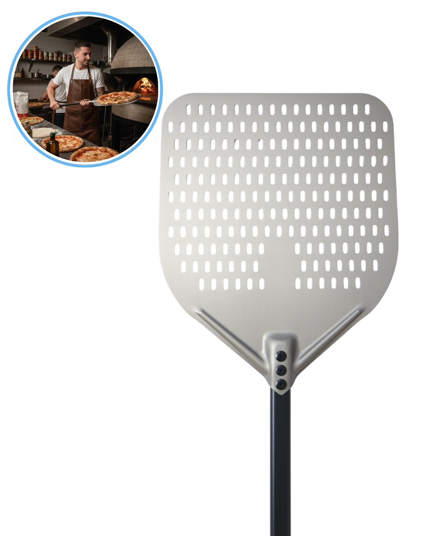 Pala para pizza perforada profesional de aluminio 35cm con mango largo de 80cm para horno de piedra