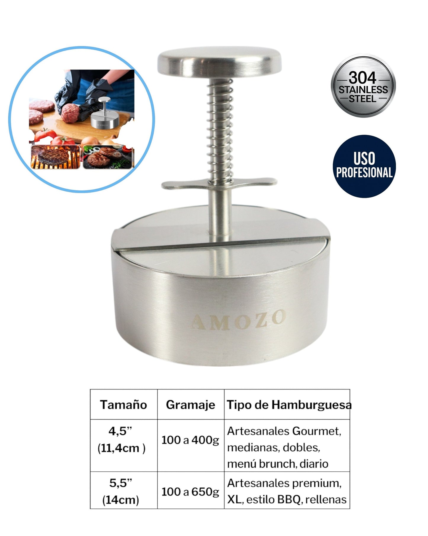 Prensa Molde Profesional para Hamburguesas en Acero Inoxidable 304 | Parrillas, Food Trucks