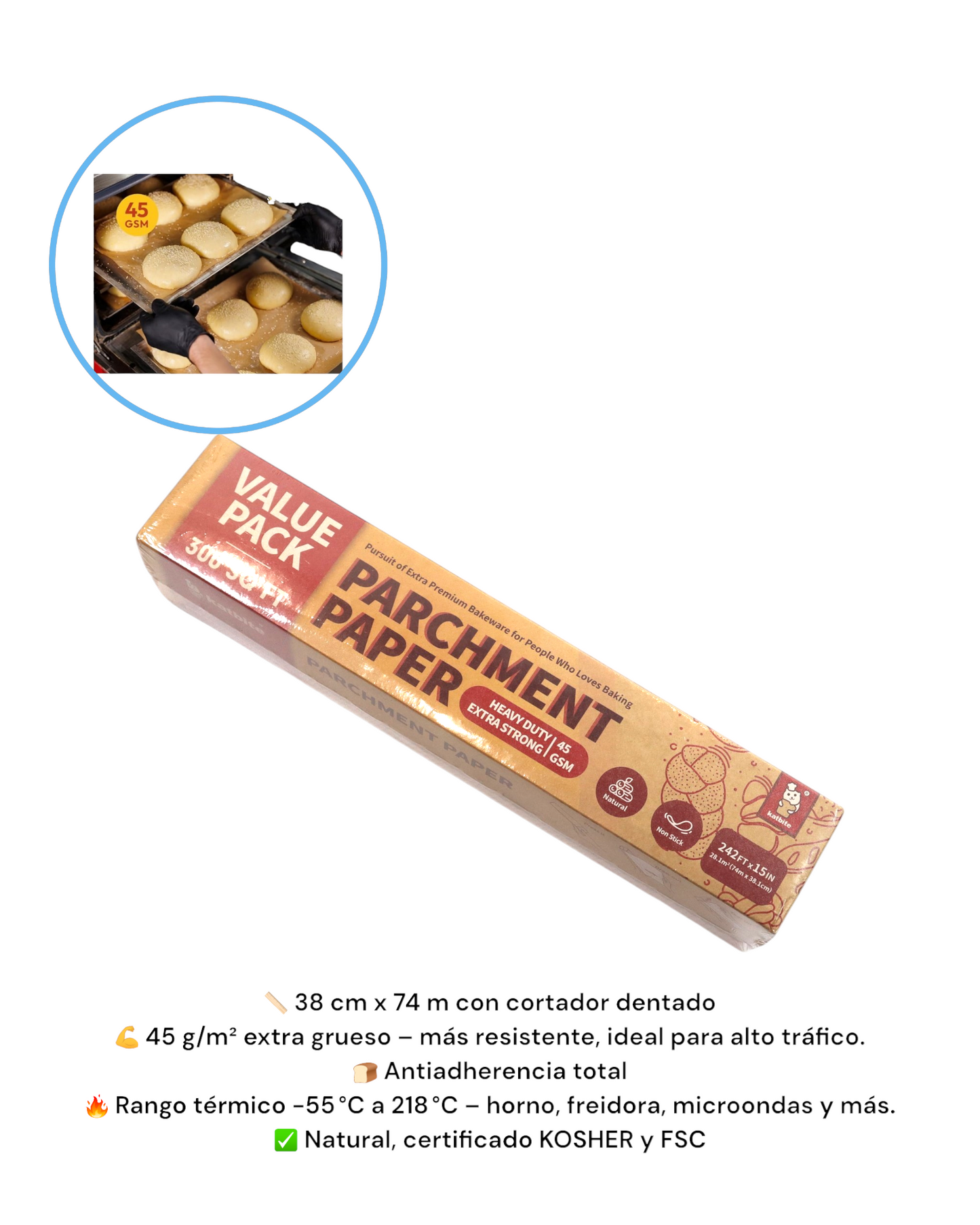 Rollo de Papel Pergamino Profesional 38cmx 74mt Extra Grueso, Antiadherente | -55 a 218°C