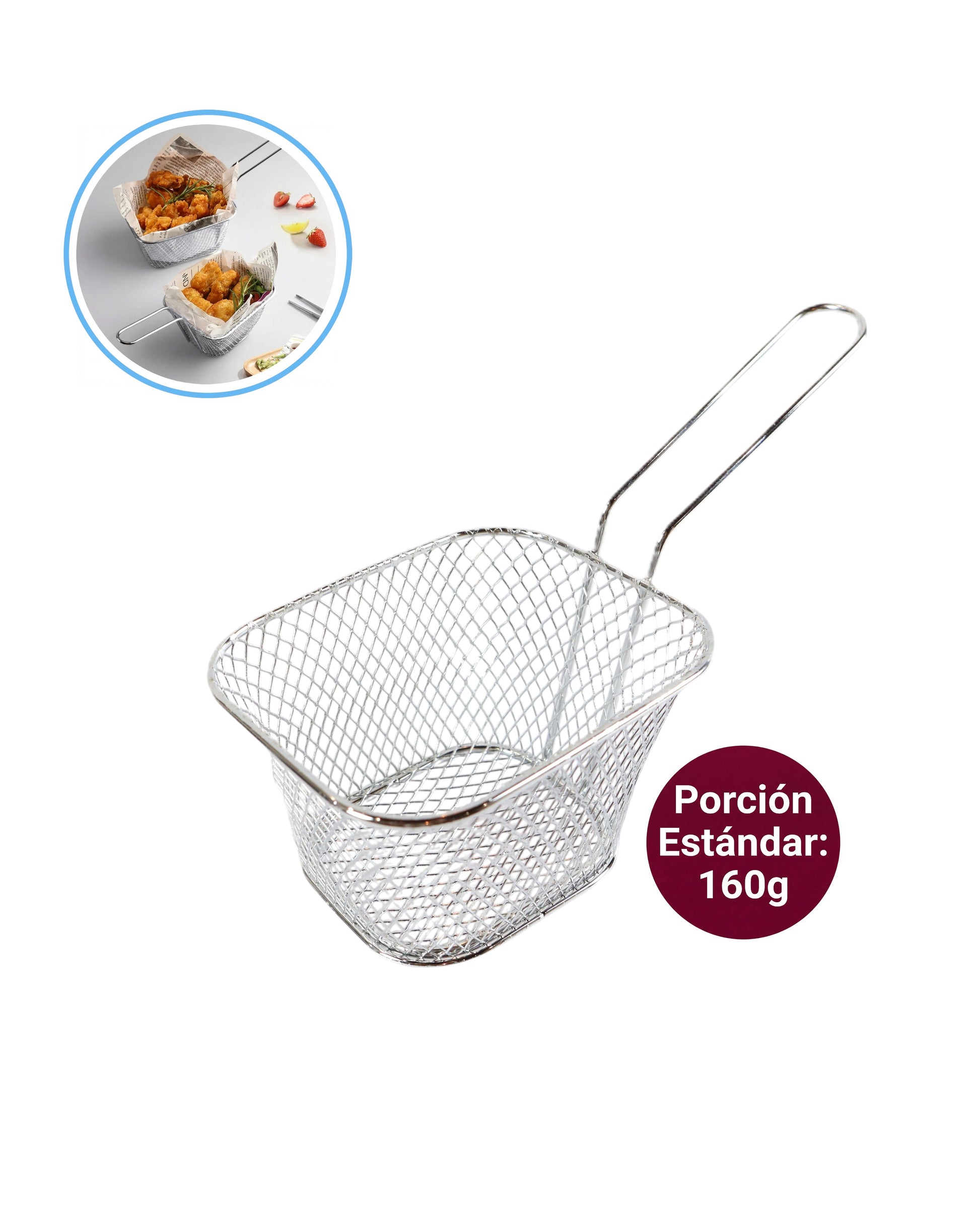 Canasta metálica de rejilla rectangular pequeña para servir porción individual de papas fritas en restaurantes.