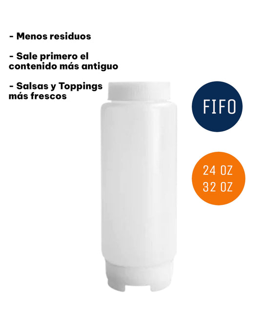 Botella FIFO Profesional para Salsas – 24 oz y 32 oz | Evita Desperdicio y Mantiene la Frescura