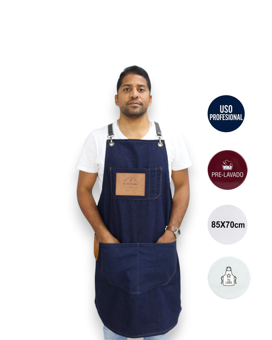 Delantal de Jean Premium Pre-lavado con Pechera  Ecopiel Personalizable | Restaurantes, Bares y Cafeterías - La Coctelera