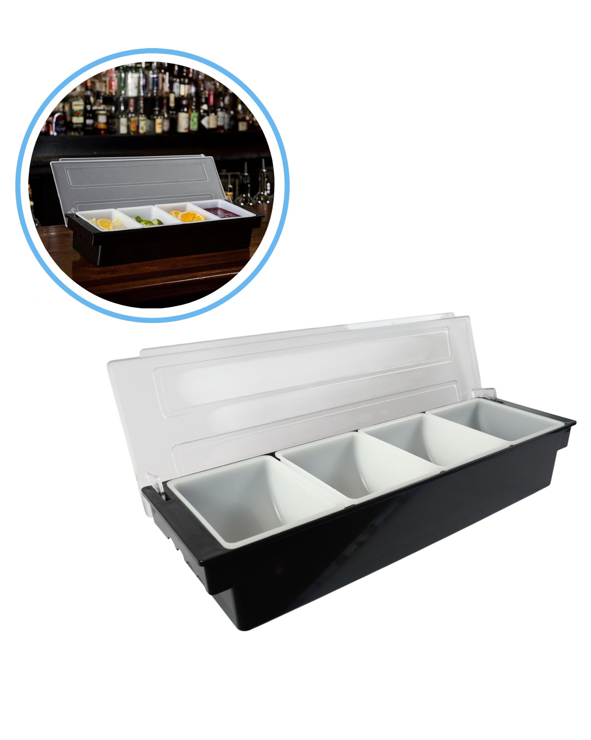 Organizador de barra o dispensador de guarniciones (garnish) color negro de 4 compartimentos para frutas y coctelería