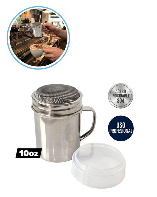 Espolvoreador de acero inoxidable 304 con malla fina y tapa plástica para cacao o azúcar