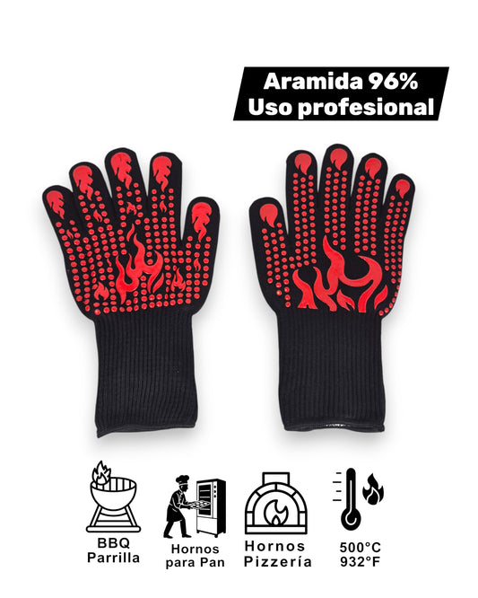 Par de guantes térmicos negros de fibra de aramida con agarre de silicona roja en forma de llamas para cocina industrial