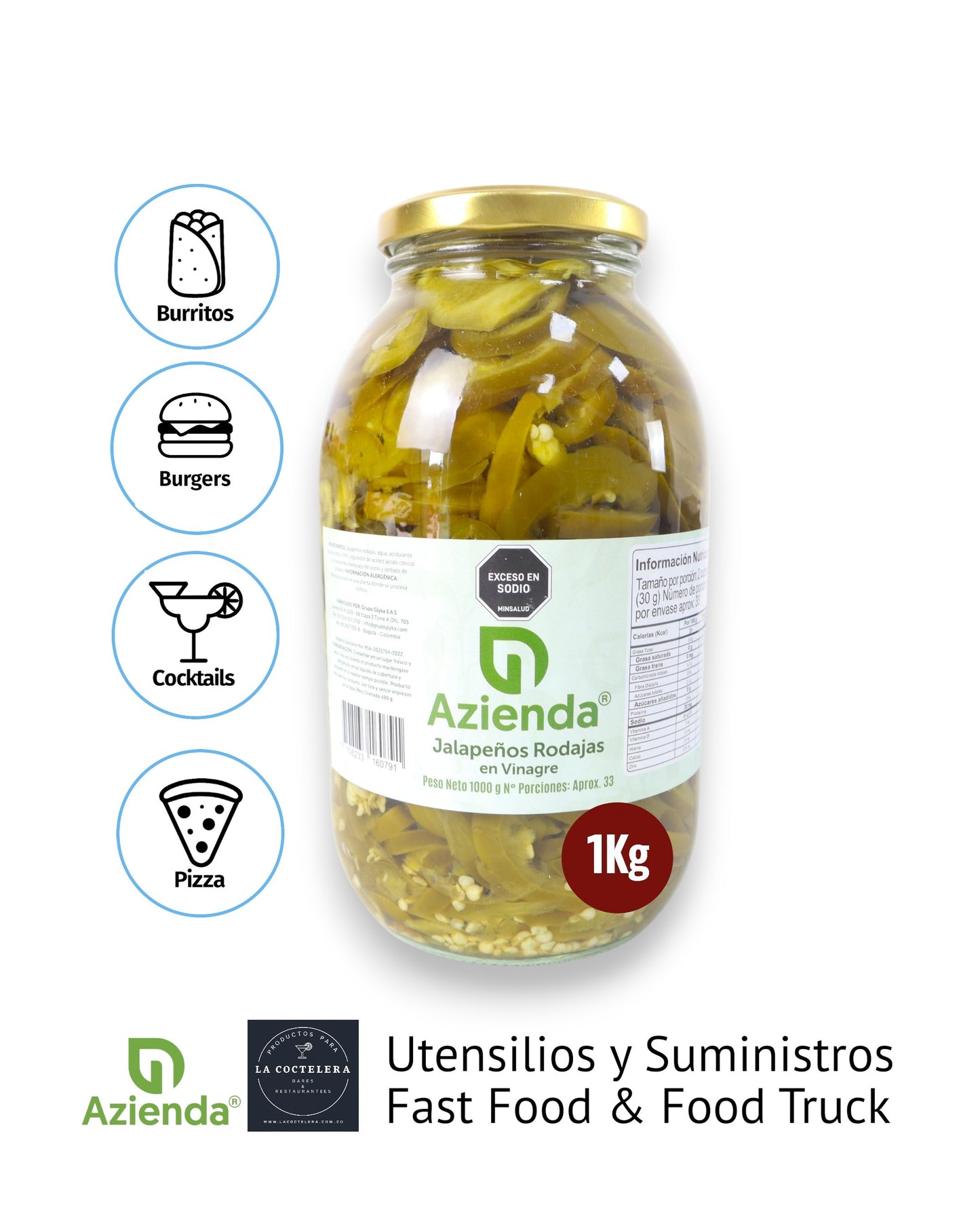 Jalapeños en Rodajas Azienda 1 kg | Picante Suave para Burgers, Nachos, Pizzas y Wraps