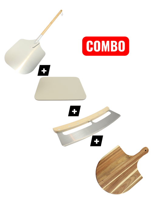Kit Completo Profesional para Pizzerías – Piedra Refractaria + Pala + Cortador Media Luna + Tabla de Presentación