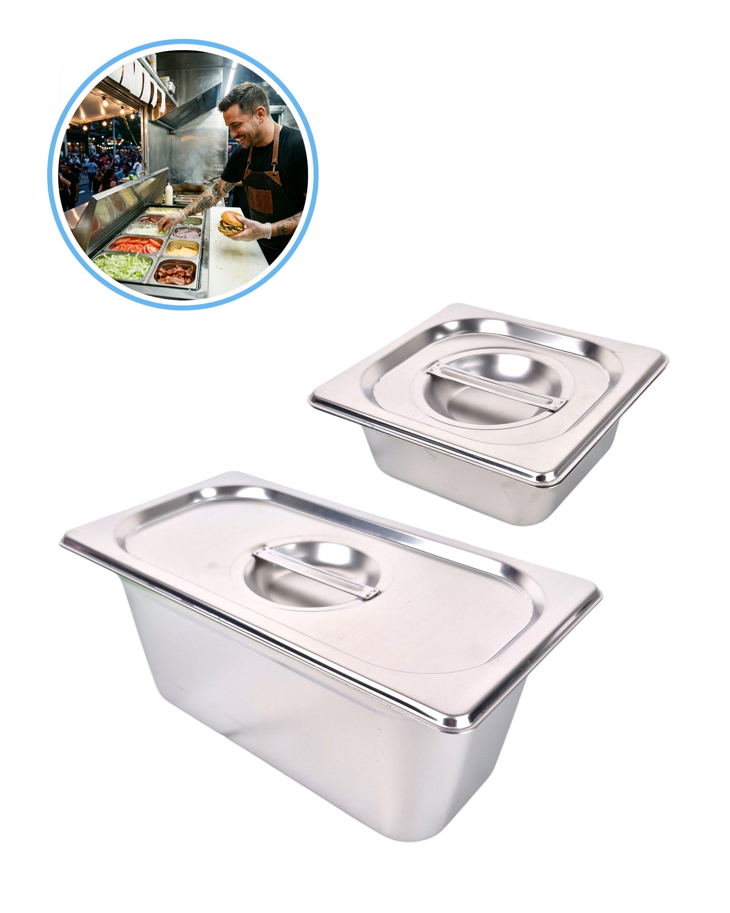 Azafate inserto GN o bandeja gastronorm de acero inoxidable  para hamburguesas y perros calientes en mesa de trabajo