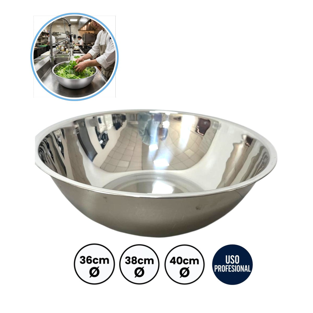 Bowl de Acero Inoxidable Profesional 36, 38, 40cm | Mezclador Gastonómico para  Restaurantes