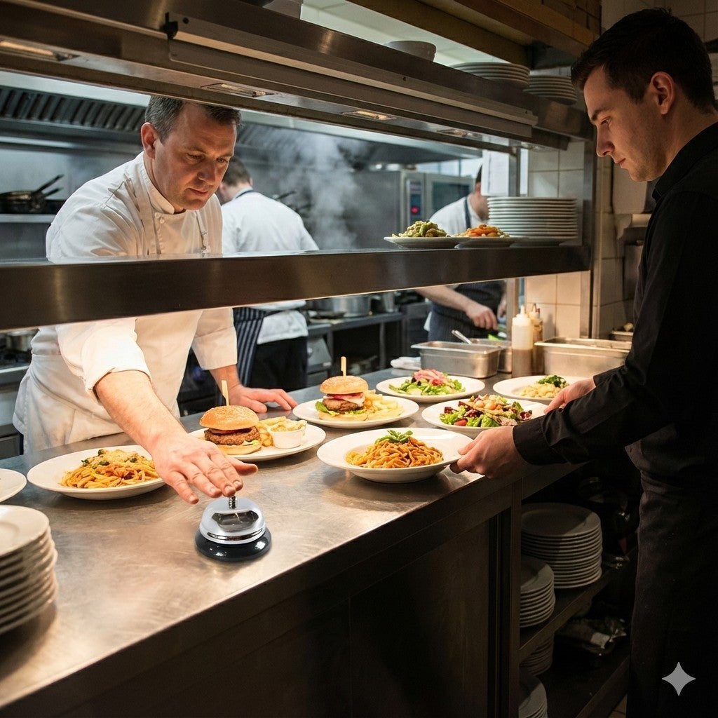 Campana o timbre de mesa cromado para servicio en cocina, recepción de hoteles y restaurantes. Base antideslizante