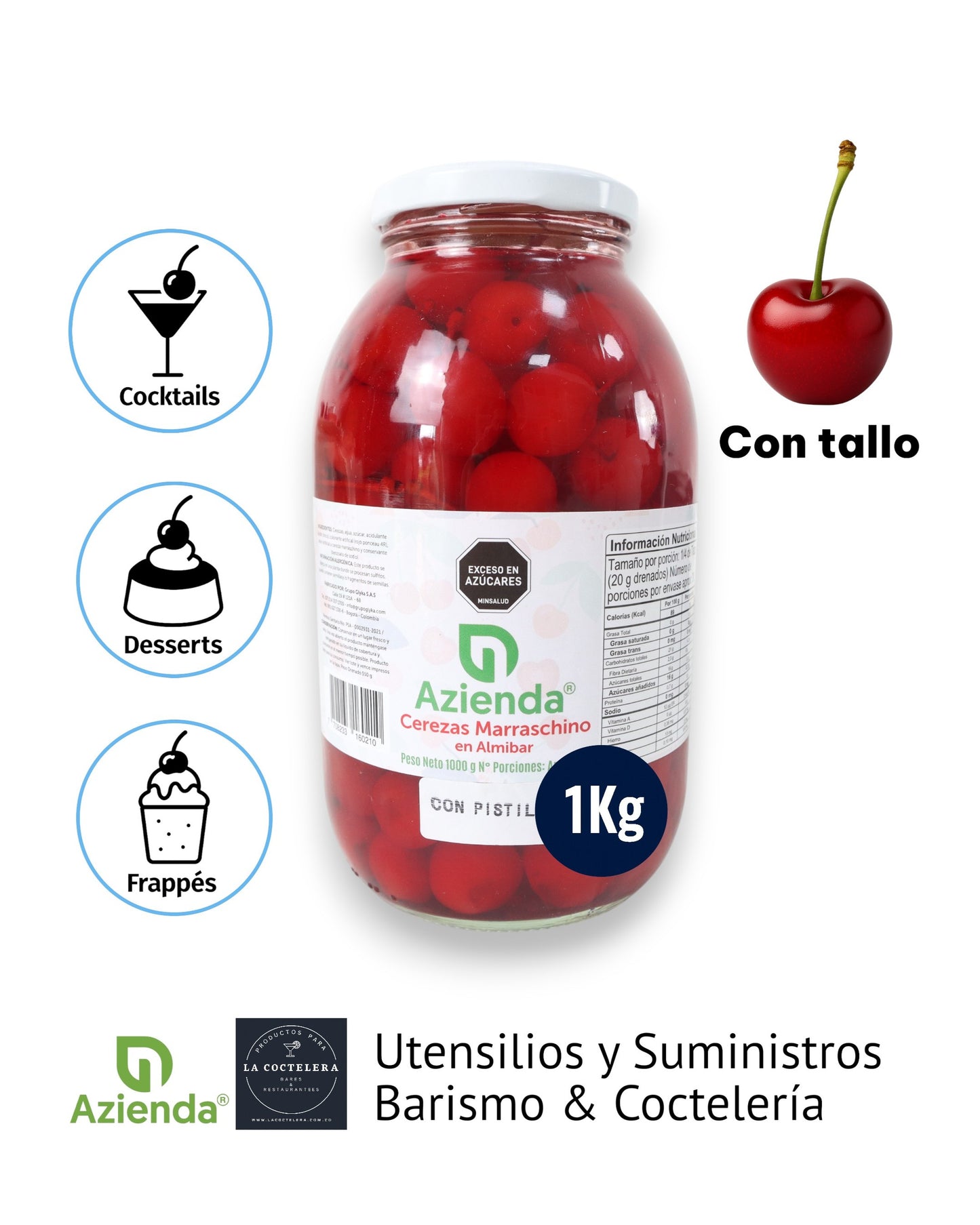Cerezas marraschino con tallo en almíbar, frasco de 1kg marca Azienda. Garnish rojo ideal para decorar cócteles y postres