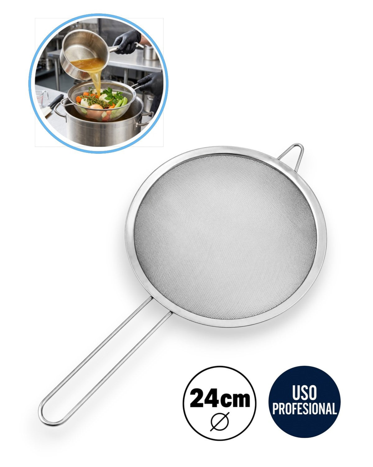 Colador Doble Malla de Acero Inoxidable (24 cm) - Filtrado de Aceite y Caldos | Trabajo Pesado