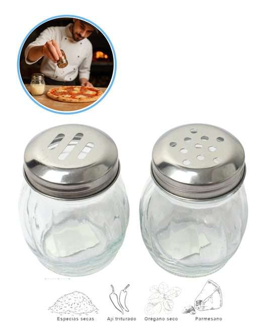 Set Especieros para Pizza - Orégano, Parmesano y Ají Triturado | Set x 2 Unidades con Tapa Metálica