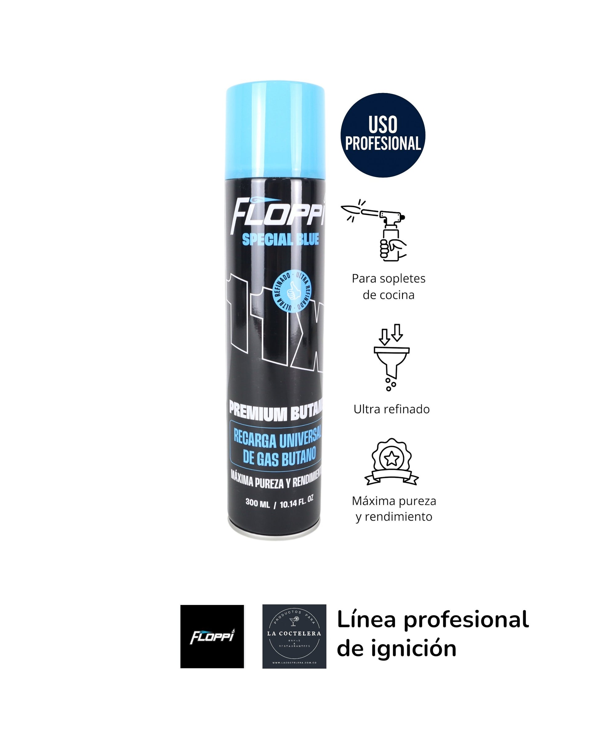 Lata de gas butano Floppi Special Blue 300ml para sopletes de cocina profesionales.
