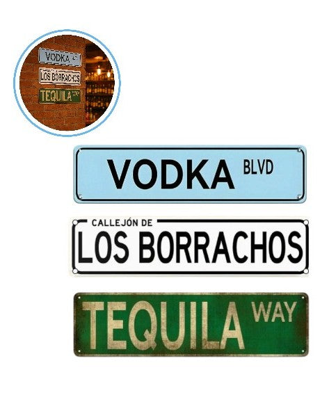 Letrero Decorativo de Metal Vodka Blvd / Tequila Way / Callejón de los Borrachos – 40x10 cm Señal Vial para Bar