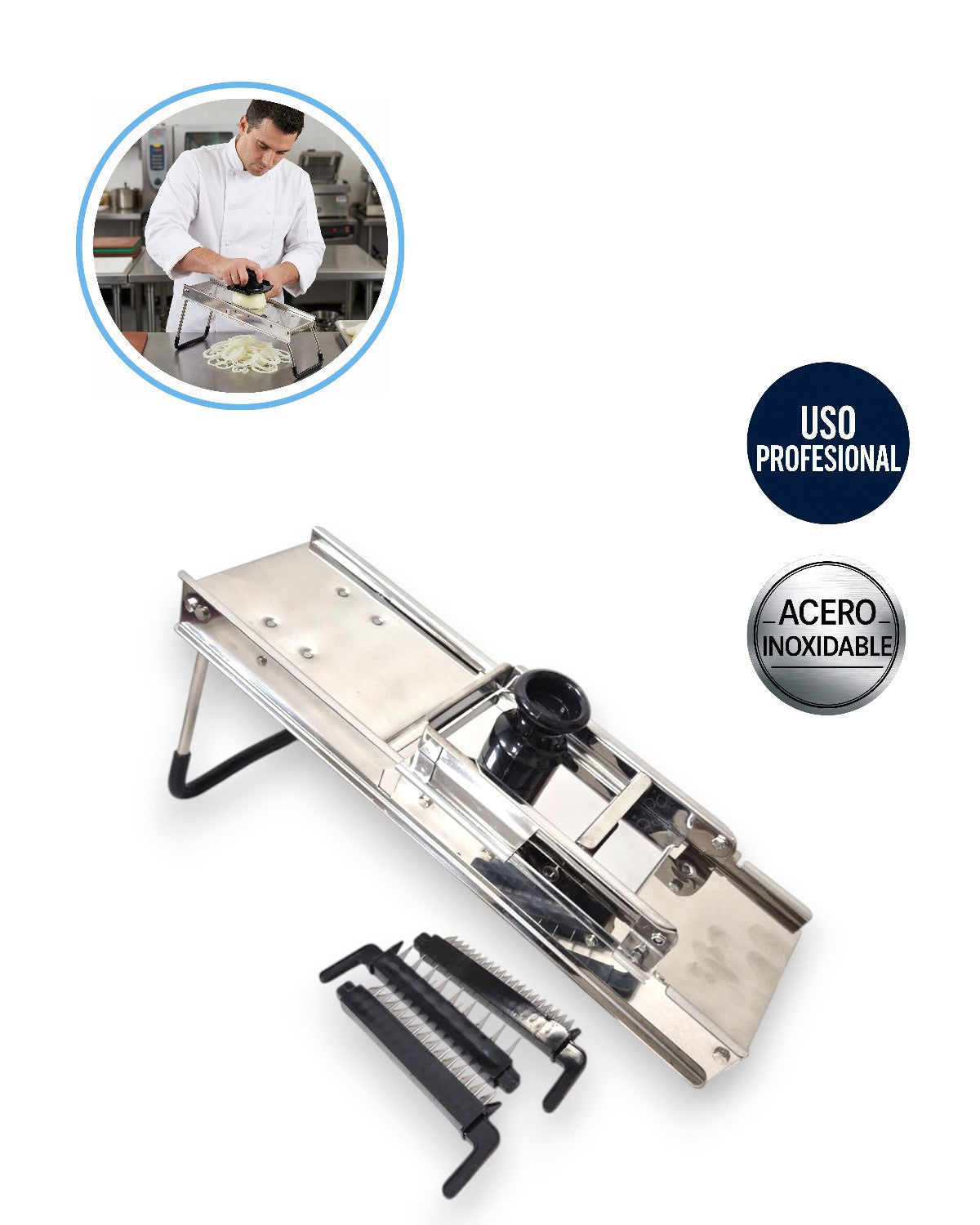 Mandolina Profesional de Acero Inoxidable con Protector | Medida Ajustable y 3 Cuchillas (4.5, 7 y 9mm)