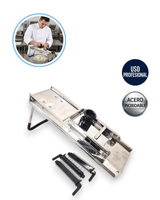 Mandolina Profesional de Acero Inoxidable con Protector | Medida Ajustable y 3 Cuchillas (4.5, 7 y 9mm) - La Coctelera