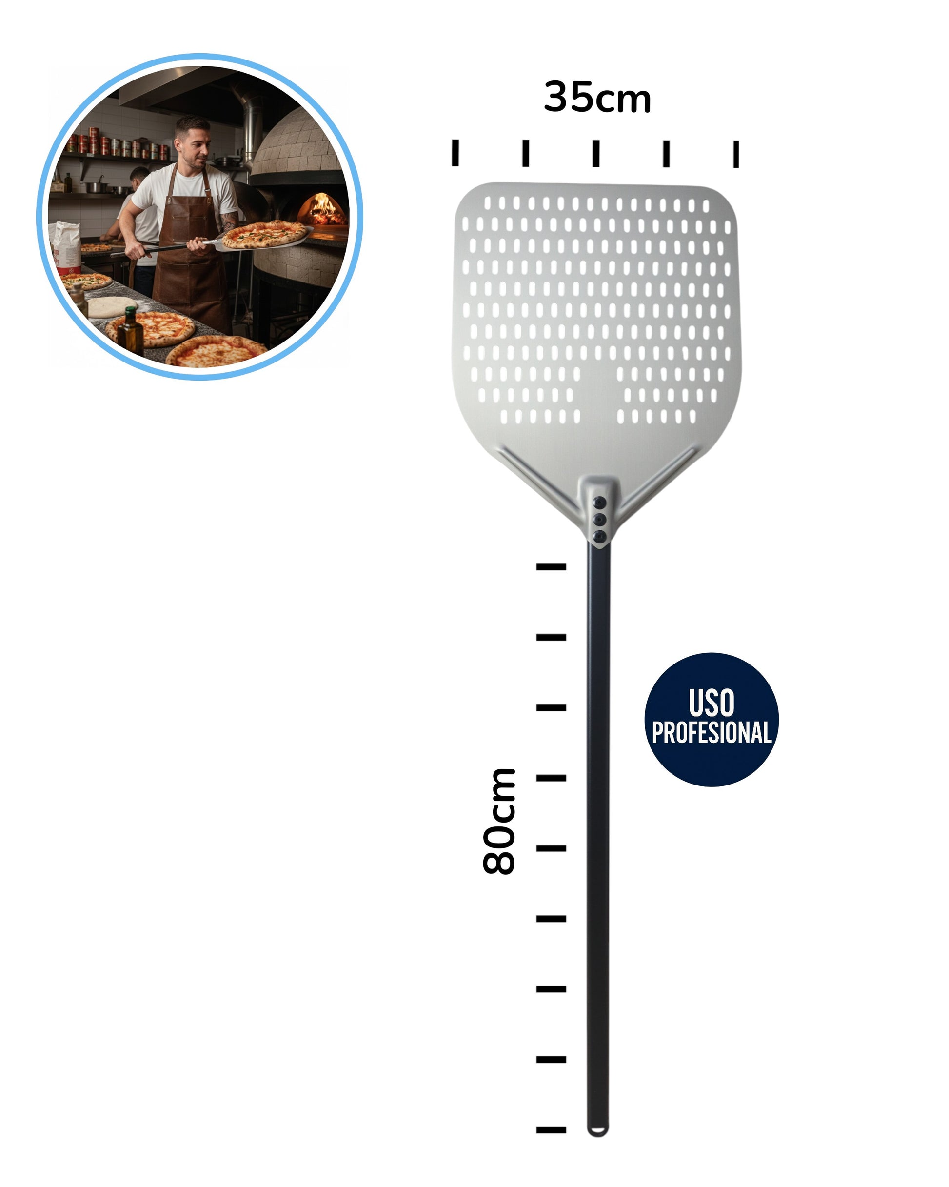 Pala para pizza perforada profesional de aluminio 35cm con mango largo de 80cm para horno de piedra
