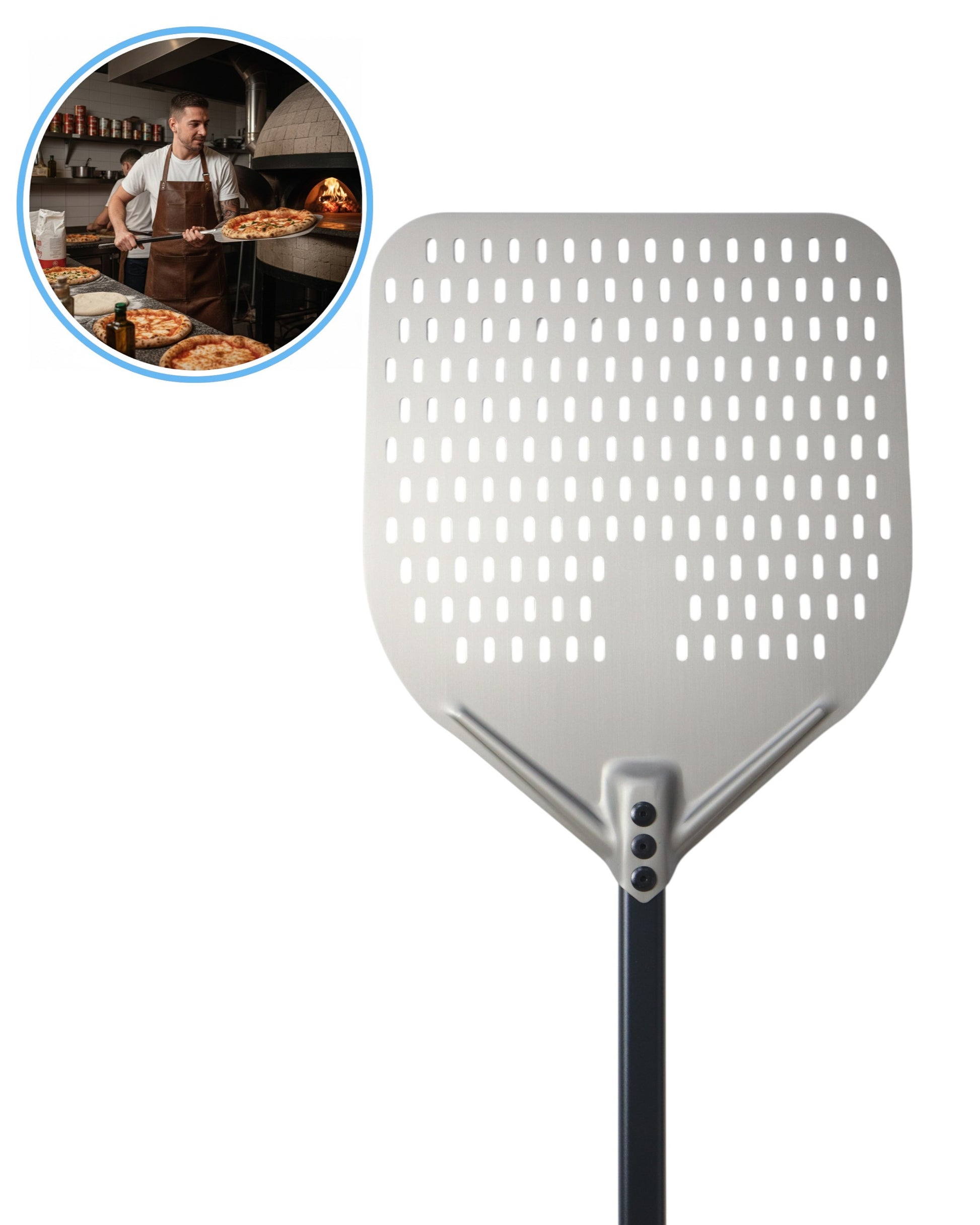 Pala para pizza perforada profesional de aluminio 35cm con mango largo de 80cm para horno de piedra