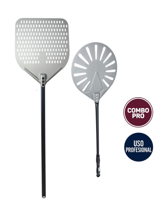 Set de Palas Profesionales para Pizza con Ranuras | Rectangular de Carga 40cm + Redonda de Giro 23cm - La Coctelera