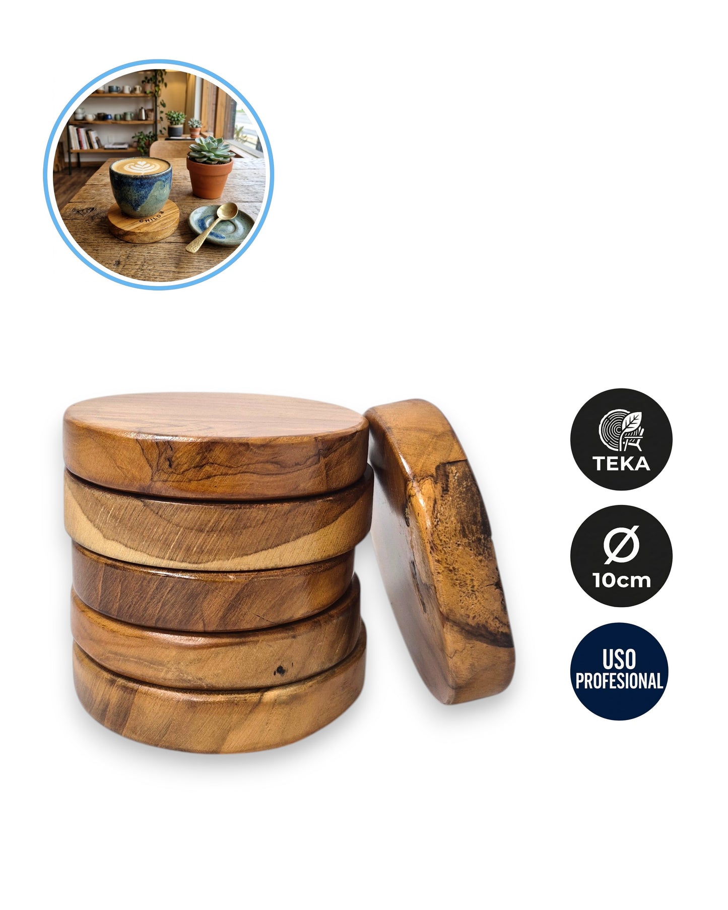 Posavasos en Madera de Teca Artesanal 10x2cm Personalizable | Cafeterías y Hoteles Boutique - La Coctelera