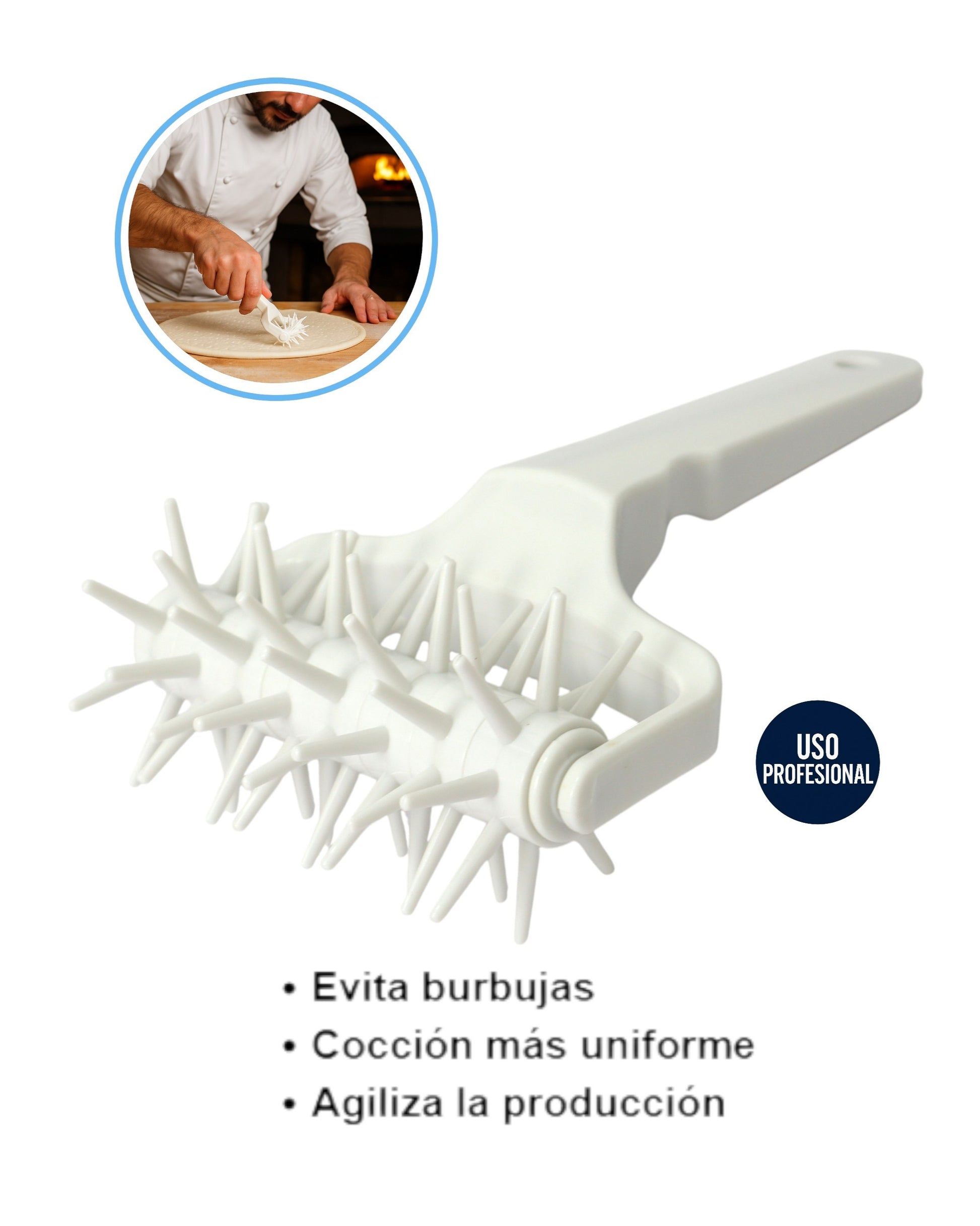 Rodillo de púas o erizo profesional para perforar masa de pizza y evitar burbujas de aire durante el horneado