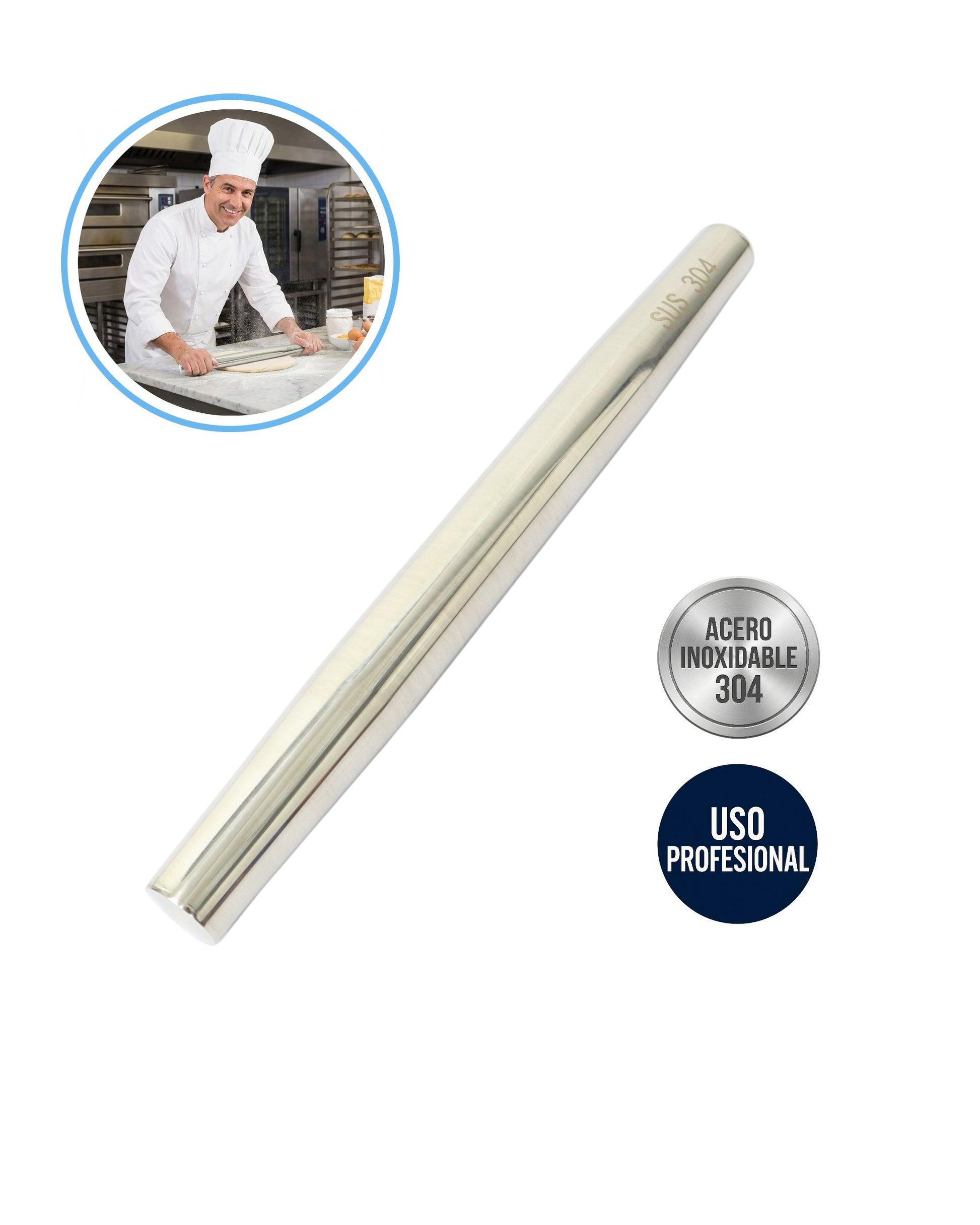 Rodillo francés de acero inoxidable 304 de 33cm para amasar pastelería y repostería profesional