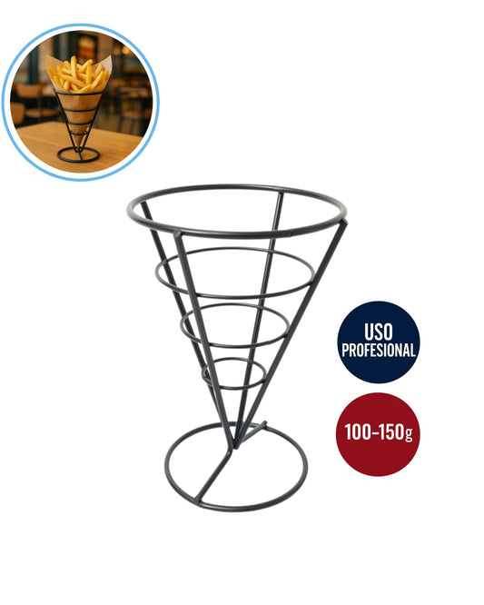 Soporte cono porta papas fritas de alambre negro 15x10cm para servir snacks en mesa de restaurante