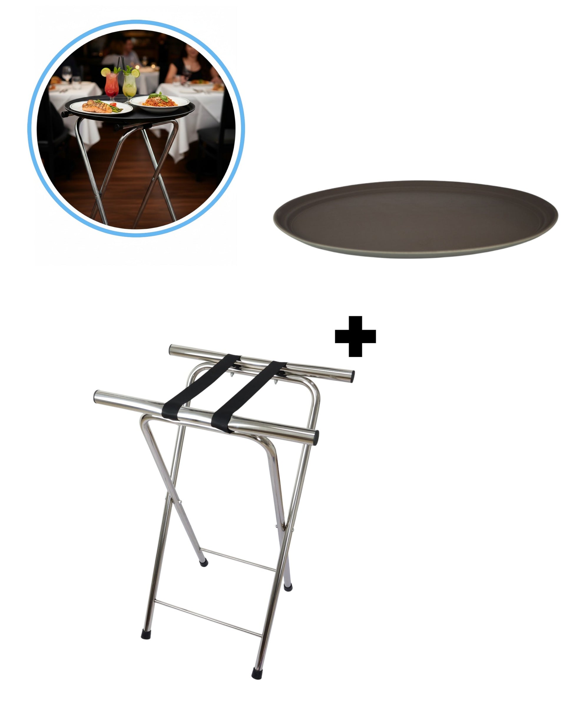 Soporte tijera plegable cromado con bandeja antideslizante ovalada XL para servicio de meseros en restaurante