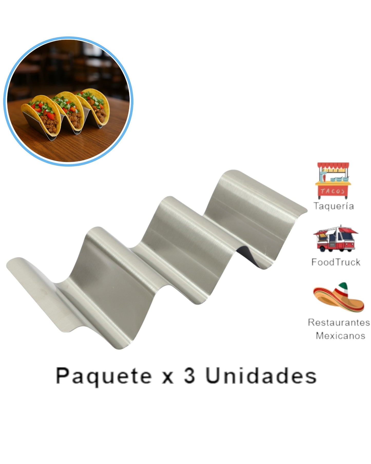 Set x 3 Soportes porta tacos en acero inoxidable con forma ondulada para servir y exhibir tacos mexicanos en mesa