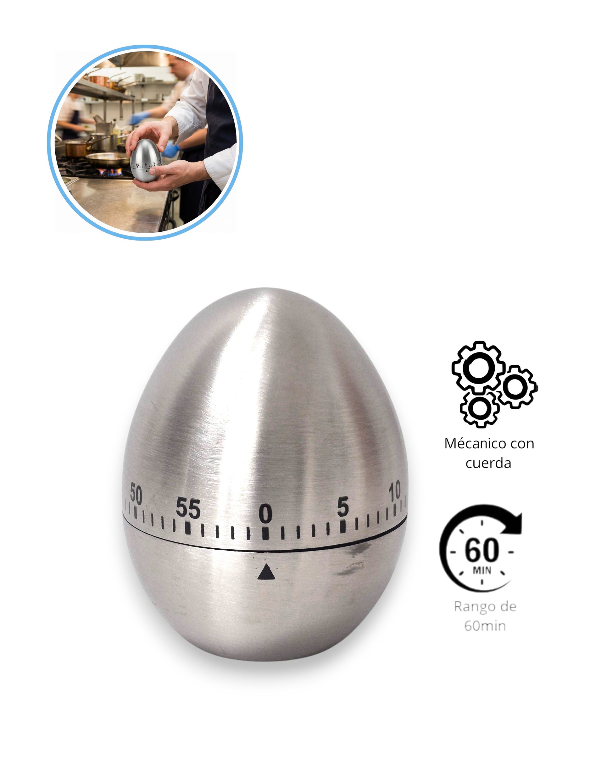Temporizador Mecánico de Cocina Profesional Tipo Huevo Acabado Satinado - 1 a 60min| Con cuerda - La Coctelera