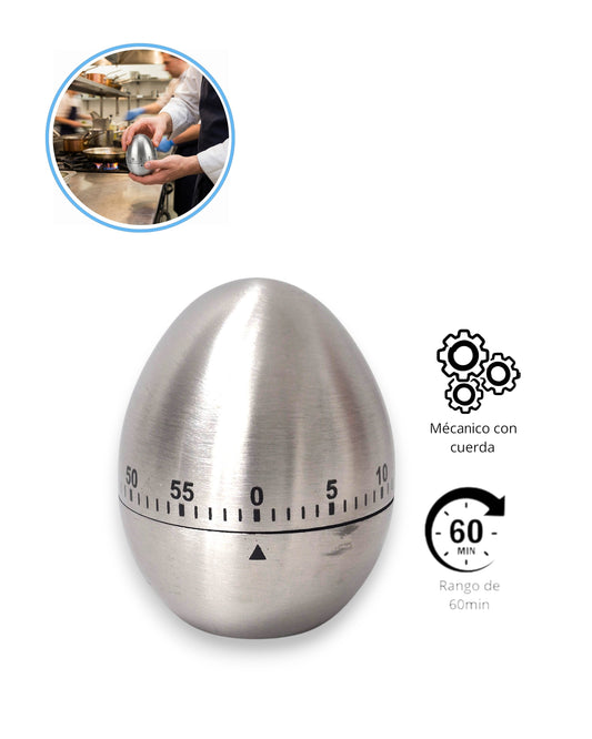 Temporizador Mecánico de Cocina Profesional Tipo Huevo Acabado Satinado - 1 a 60min| Con cuerda - La Coctelera