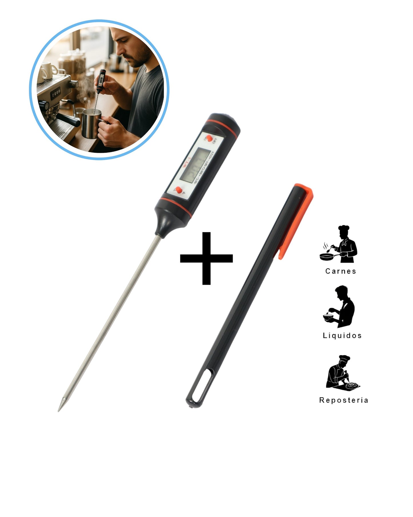 Termómetro digital de varilla tipo lápiz para alimentos y bebidas. Ideal para carnes, líquidos y repostería.