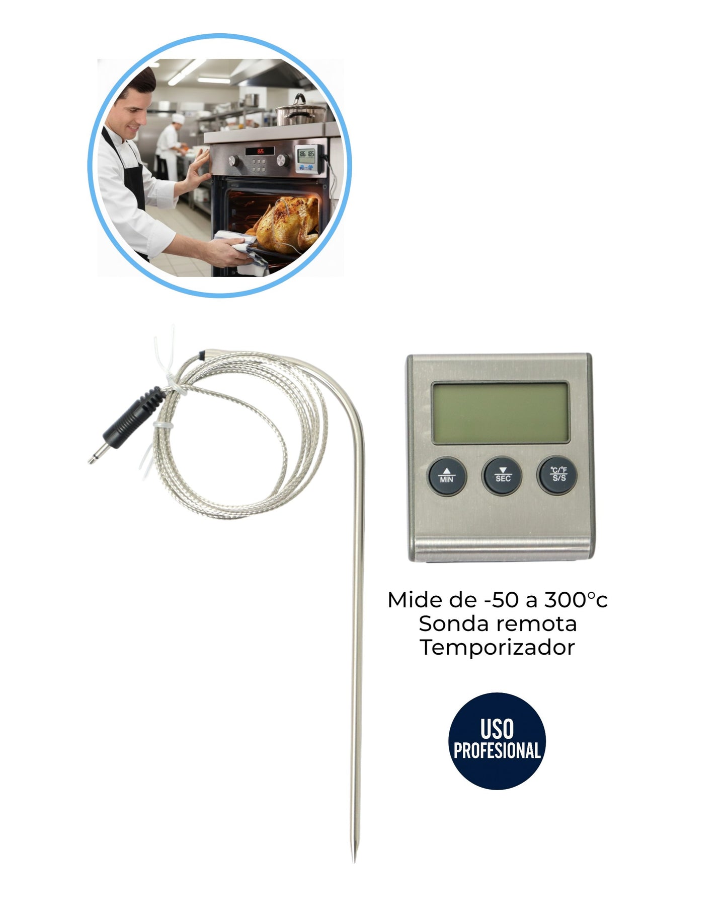 Termómetro y Temporizador Digital Profesional para Horno - Sonda Remota para Carnes, Líquidos y Repostería